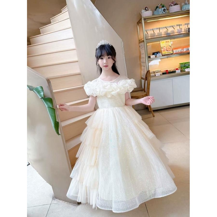 お姫様ドレス 女の子用 ロングドレス ピアノ発表会 演奏会 結婚式 フォーマル かわいい プリンセスドレス フラワーガール スパンコール付き 110 -160cm 撮影の画像