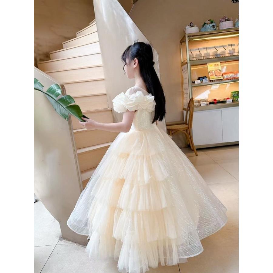 お姫様ドレス 女の子用 ロングドレス ピアノ発表会 演奏会 結婚式 フォーマル かわいい プリンセスドレス フラワーガール スパンコール付き 110 -160cm 撮影の画像