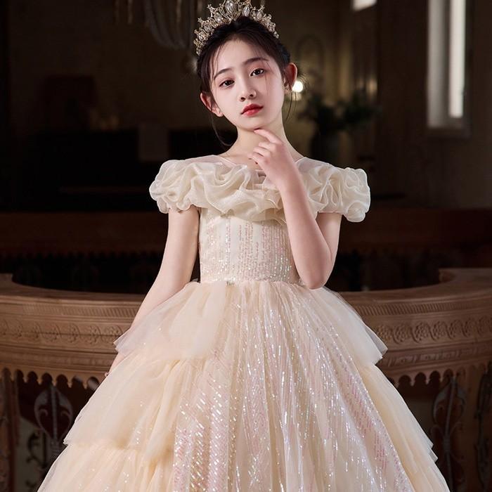 お姫様ドレス 女の子用 ロングドレス ピアノ発表会 演奏会 結婚式 フォーマル かわいい プリンセスドレス フラワーガール スパンコール付き 110 -160cm 撮影の画像