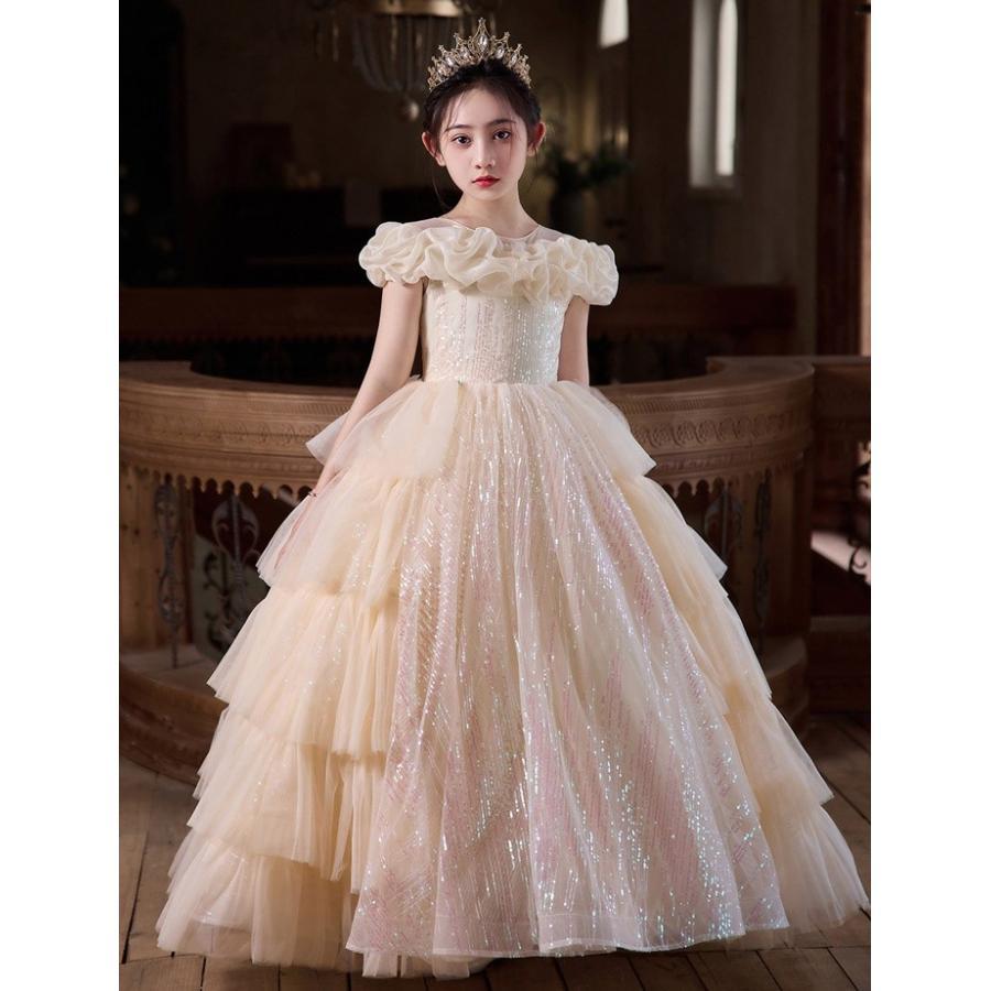 お姫様ドレス 女の子用 ロングドレス ピアノ発表会 演奏会 結婚式 フォーマル かわいい プリンセスドレス フラワーガール スパンコール付き 110 -160cm 撮影の画像