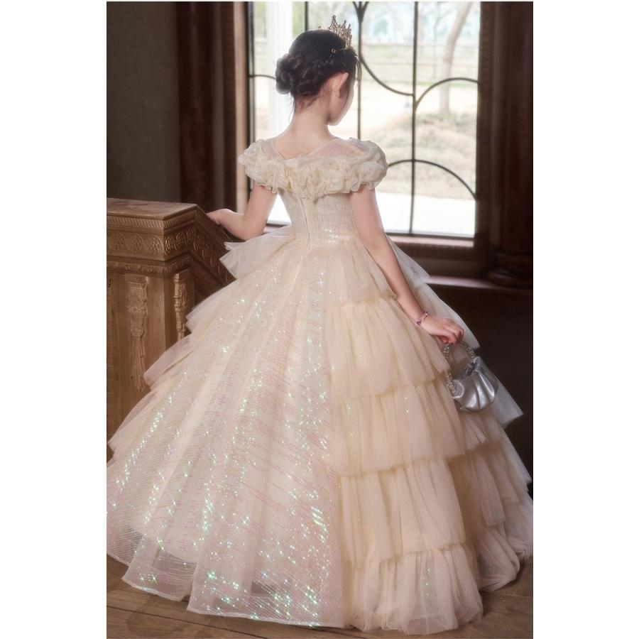 お姫様ドレス 女の子用 ロングドレス ピアノ発表会 演奏会 結婚式 フォーマル かわいい プリンセスドレス フラワーガール スパンコール付き 110 -160cm 撮影の画像