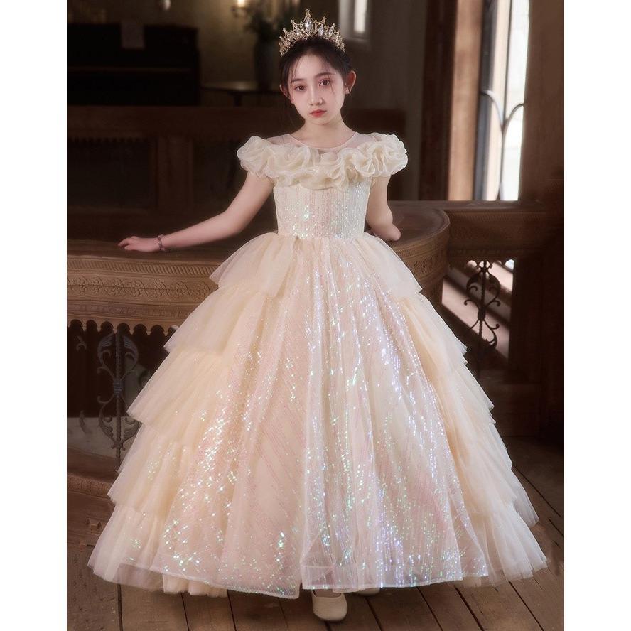 お姫様ドレス 女の子用 ロングドレス ピアノ発表会 演奏会 結婚式 フォーマル かわいい プリンセスドレス フラワーガール スパンコール付き 110 -160cm 撮影の画像