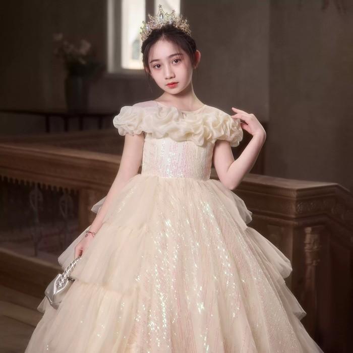 お姫様ドレス 女の子用 ロングドレス ピアノ発表会 演奏会 結婚式 フォーマル かわいい プリンセスドレス フラワーガール スパンコール付き 110 -160cm 撮影の画像