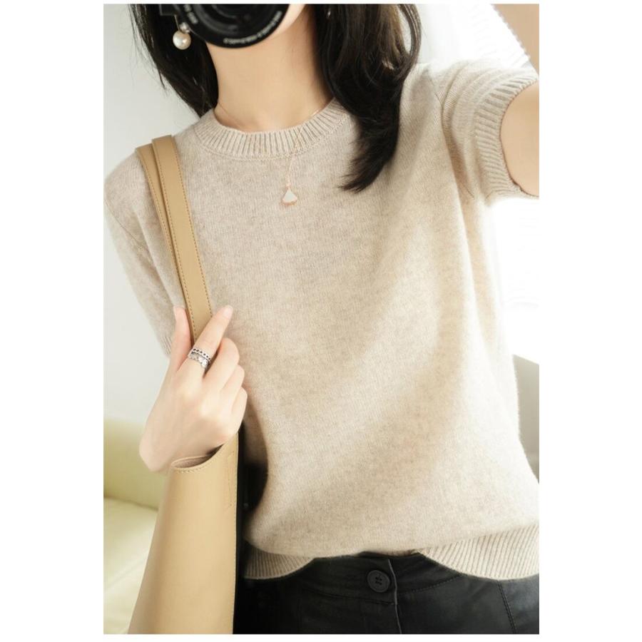 半袖ニット トップス ニットソー セーター 袖あり 半袖 ラウンドネック  