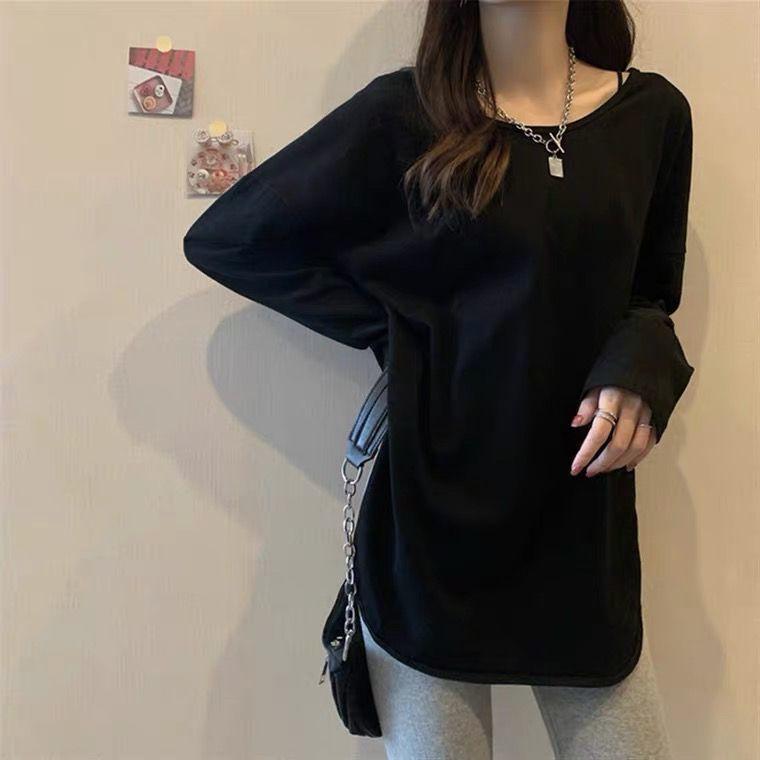 レイヤードロンTee スリットカットソー シンプル トップス モノトーン
