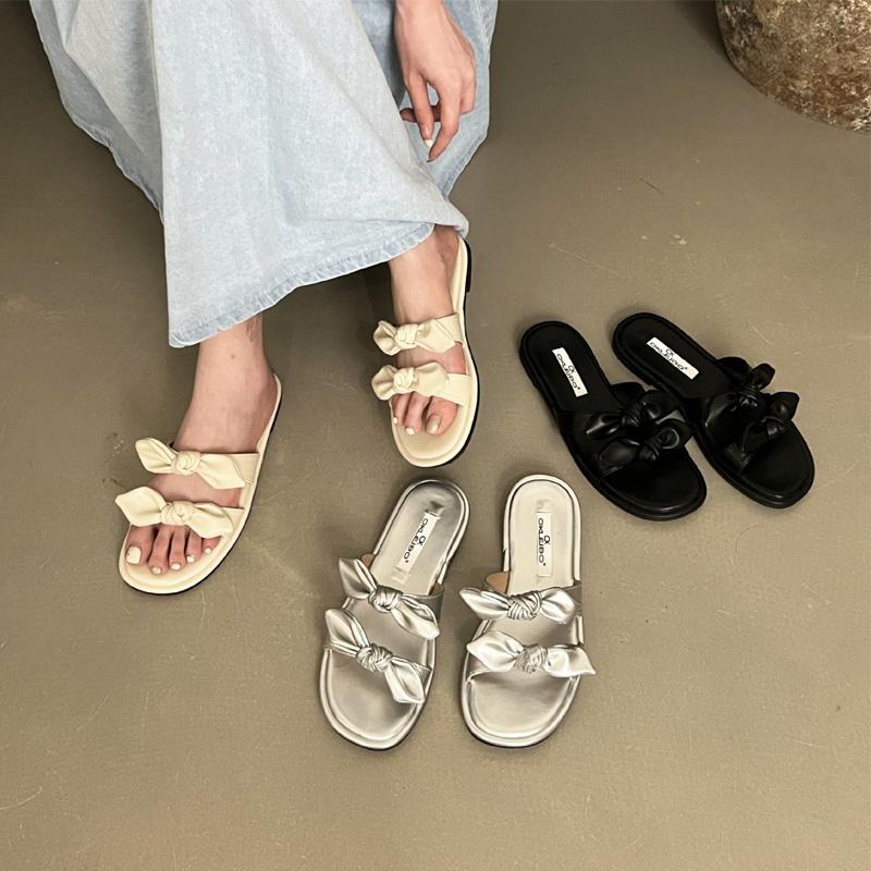 ダブルリボンサンダル フラットシューズ ローヒールサンダル フラット