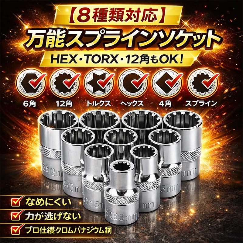16pc スプラインソケット ソケットレンチ インチもミリ、ヘックス