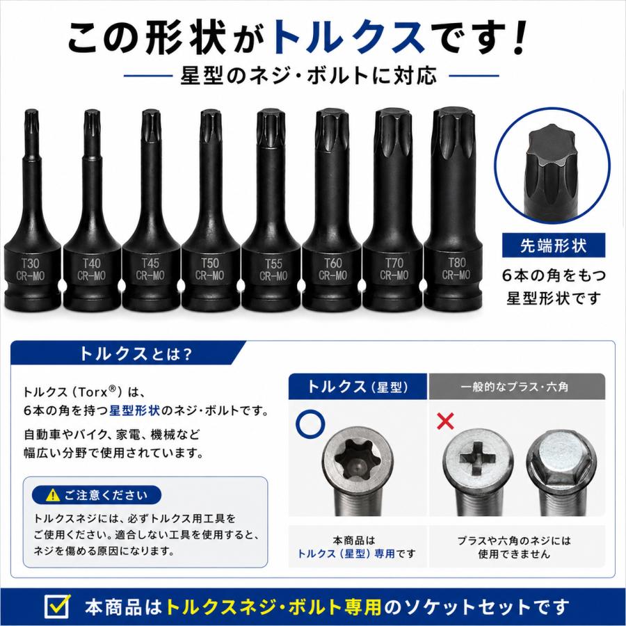 インパクト対応 トルクスビットソケット 8点セット T30〜T80 1/2インチ ディープロングタイプ 星型 ヘックスソケット T362 |  | 02