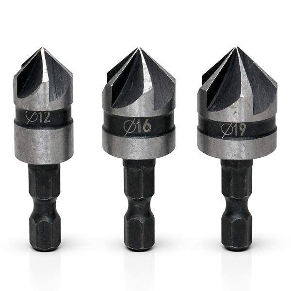 面取りカッター 六角軸 90度 5枚刃 3本セット 12 16 19mm 皿取り錐