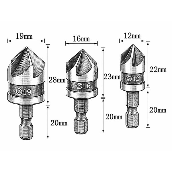 面取りカッター 六角軸 90度 5枚刃 3本セット 12 16 19mm 皿取り錐