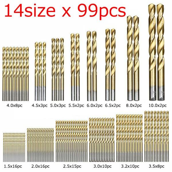 チタンコーティングドリル 1mm〜10mm 14サイズ99pcs 丸軸ドリルビット