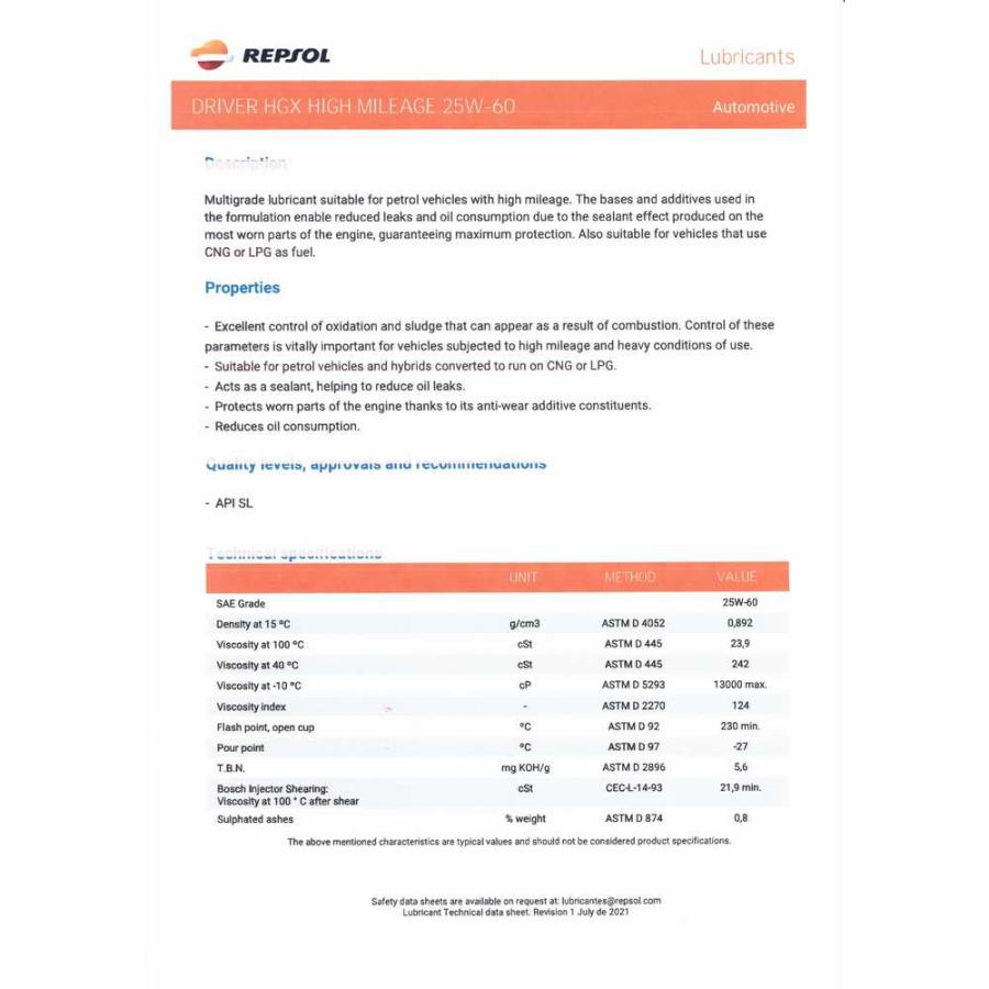 1Lボトル×12本 REPSOL レプソル　ドライバー ハイマイレージ ドライバーレンジ 4輪用エンジンオイル 25W-60 SL 鉱物油 007415｜garageshop-eg｜07