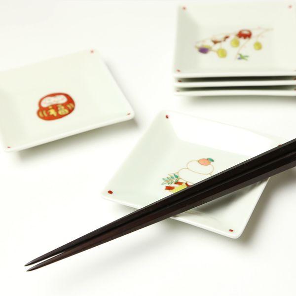 小鉢 皿 角小皿（5枚組） 鏡餅 しだれ 〆縄 達磨 羽子板 有田焼 金照堂_2