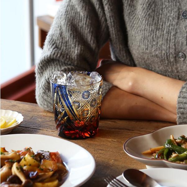 江戸切子 オールド 雅 瑠璃/琥珀 大場硝子 ロックグラス 切子グラス