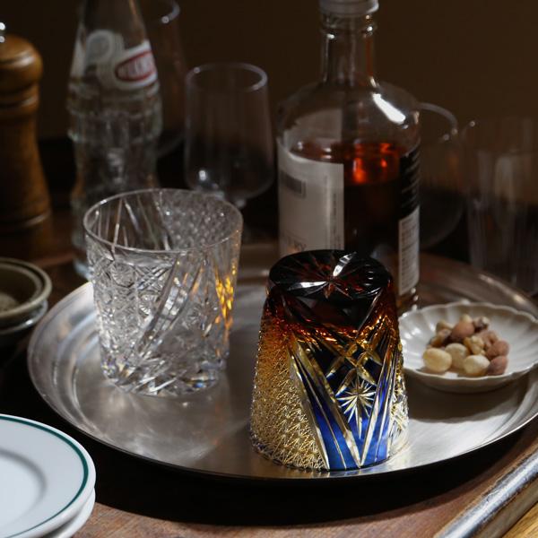 江戸切子 オールド 雅 瑠璃/琥珀 大場硝子 ロックグラス 切子グラス