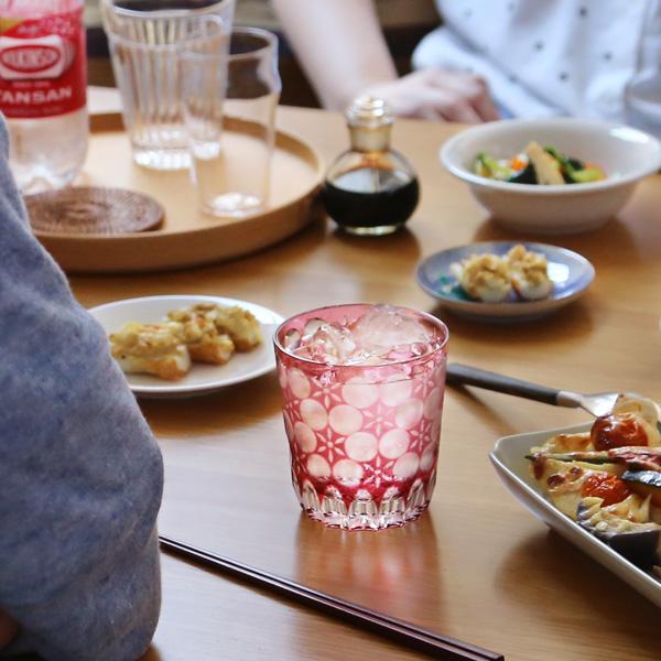 江戸切子 オールド 万華鏡 金赤 大場硝子 ロックグラス 切子グラス