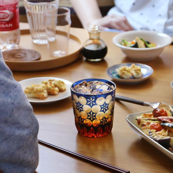 江戸切子 オールド 万華鏡 瑠璃/琥珀 大場硝子 ロックグラス 切子