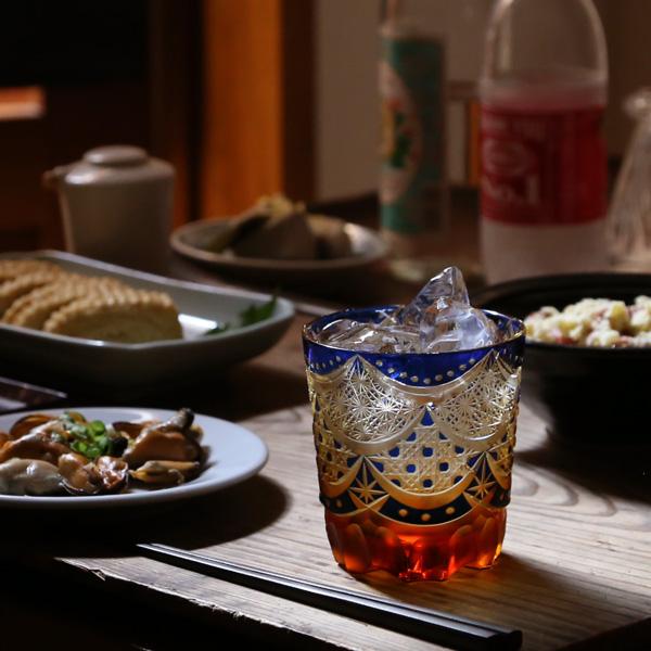 江戸切子 オールド カーテンコール 瑠璃/琥珀 大場硝子 ロックグラス