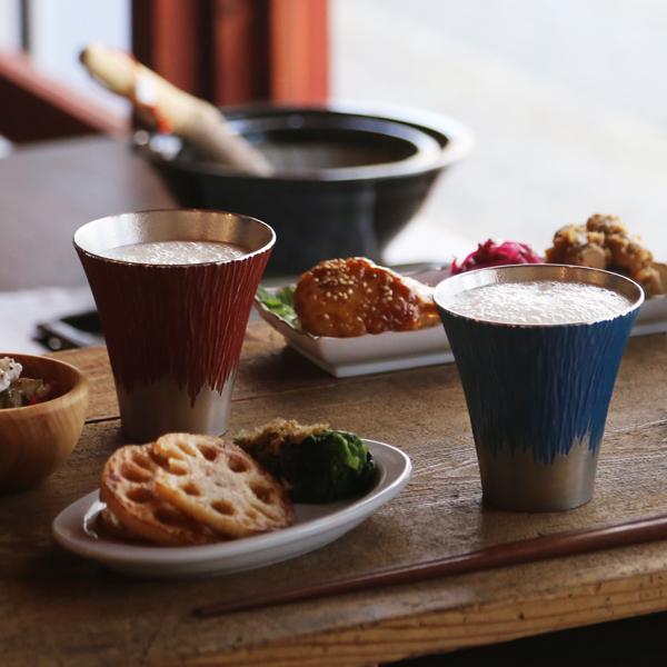 大阪錫器 富士山 タンブラー 中 青朱ペア 錫 ビールグラス ハイボール  