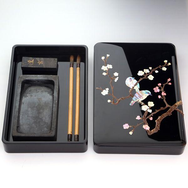 高岡漆器 漆器 硯箱 黒色 金色装飾 伝統工芸品 硯箱 すずり箱 螺鈿（らでん） 梅に樫鳥5.5寸 高岡漆器 : がらんどう