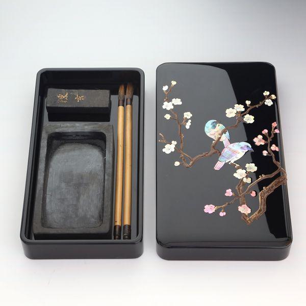 硯箱 すずり箱 螺鈿（らでん） 梅に樫鳥4.5寸 高岡漆器 : がらんどう