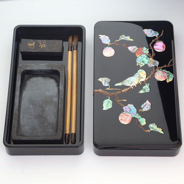 884 未使用 高岡漆器 螺鈿細工の硯箱 書道 硯 水滴 文箱 伝統工芸品 硯箱 すずり箱 螺鈿（らでん） 柿に目白4.5寸 高岡漆器 : がらんどう
