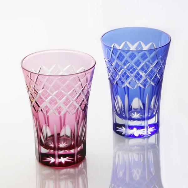 田島硝子 江戸切子 映見重ね矢来紋 タンブラーペア 金赤 ルリ 切子