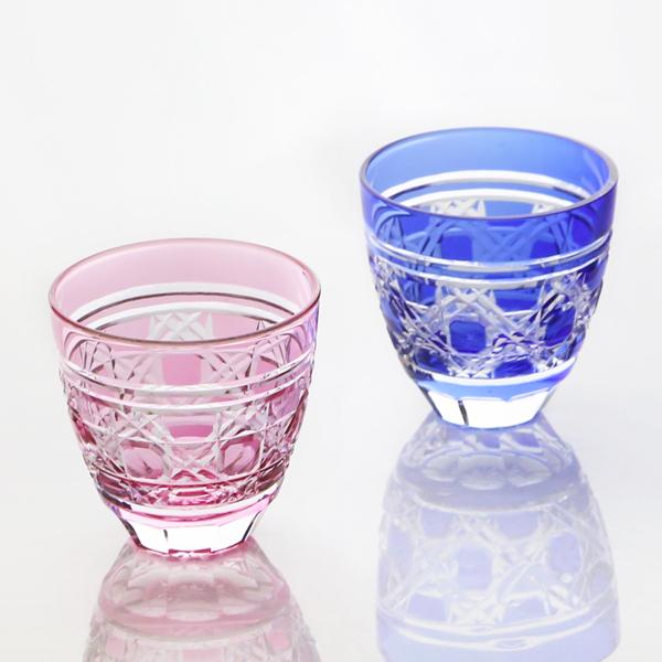 田島硝子 江戸切子 八角籠目紋 ぐい呑みペア 金赤 ルリ 切子グラス