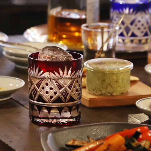 田島硝子 江戸切子 八角籠目菊底 オールド 赤 切子グラス ロック