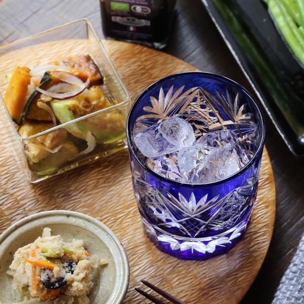 田島硝子（TAJIMA GLASS） 江戸切子 八角籠目菊底 オールド ルリ 切子