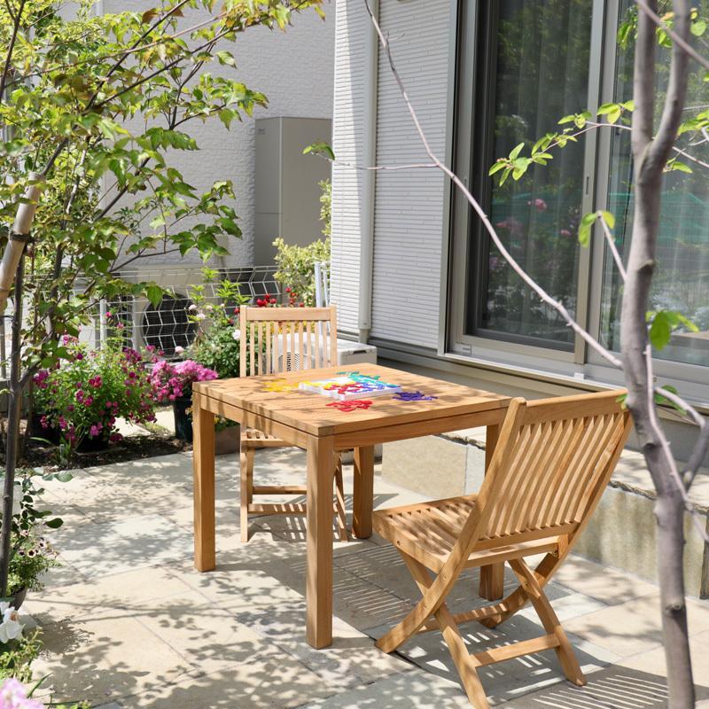 DAIS ウォルナットテーブル・ツリーカモチェア2点　計3点 タカショー テーブル イス セット 机 チェア 屋外 天然 木 ガーデン