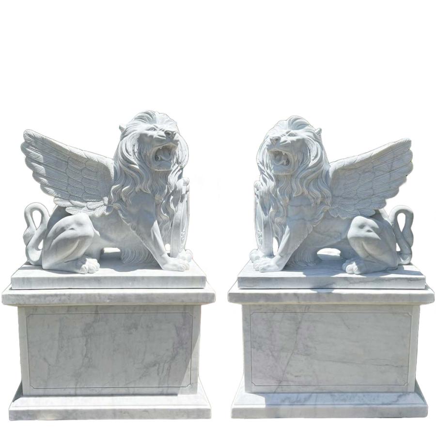 天然大理石彫刻 翼を持つライオン 有翼の獅子 ペア H199cm 魔除け