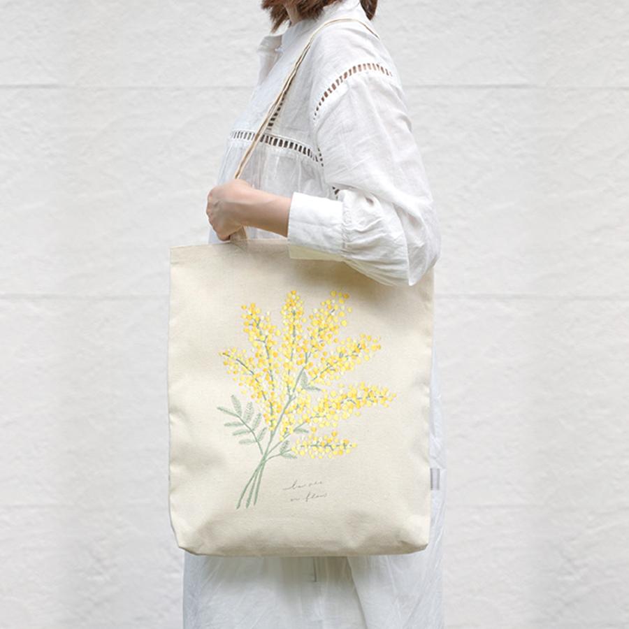 トートバッグ】刺繍トートバッグ ミモザ 大 A4 母の日 植物 ボタニカル