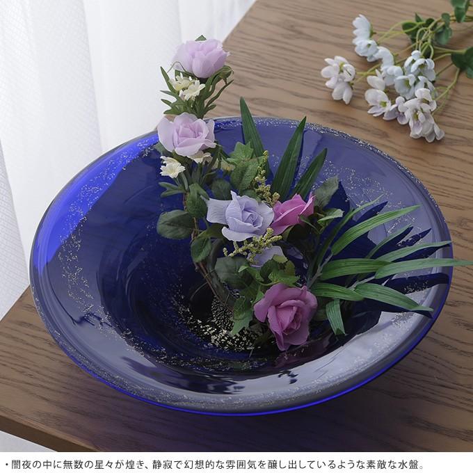 ガラス青色楕円形花器生け花華展用に 日本製 手づくりガラス 楕円水盤（花器） ルリ