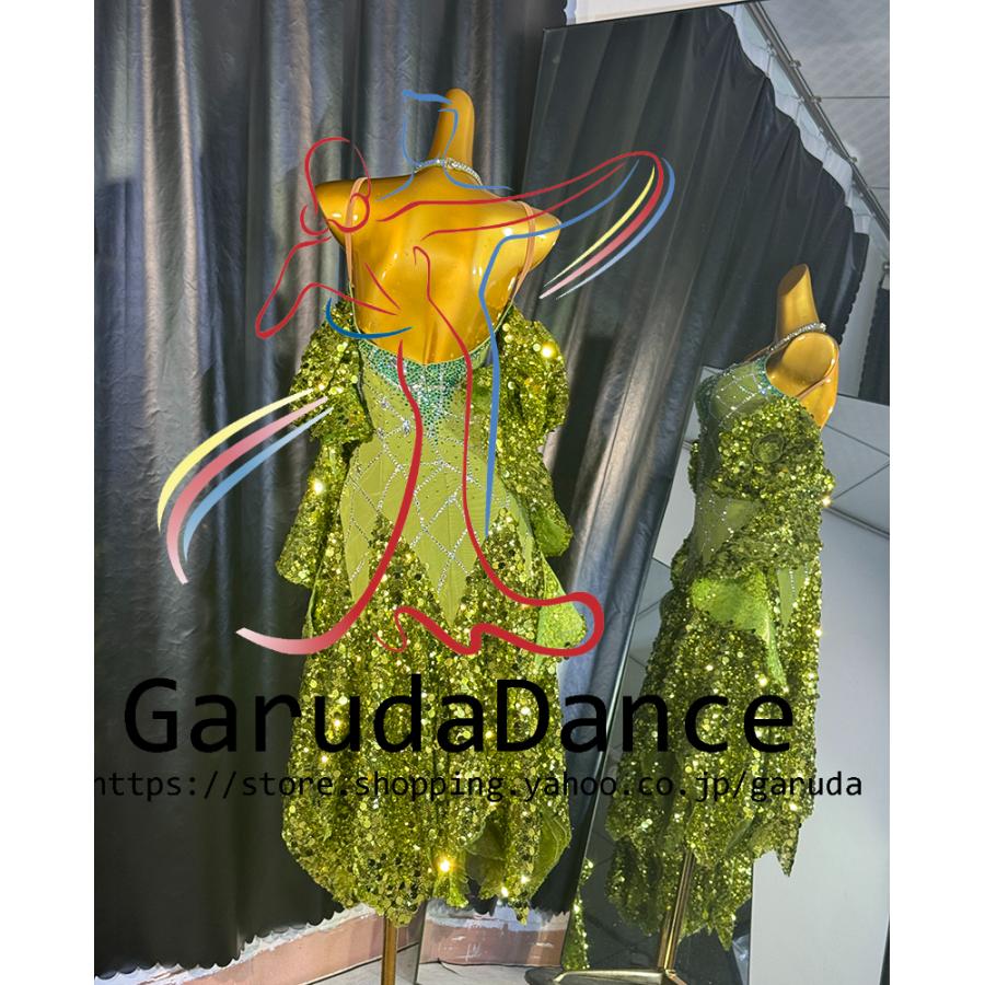 社交ダンス　ラテンドレス　黒×黄緑 Garuda SHOP 社交ダンス高級衣装 セミオーダードレス ラテン競技高級