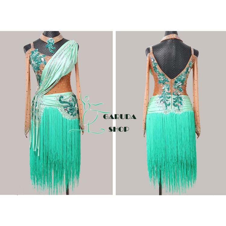 Garuda SHOP　レディース社交ダンス衣装　競技ドレス　ラテンドレス　高級品　発表会用演出服パーティードレス　サイズ調整可  グリーン 品番2399 |  | 01