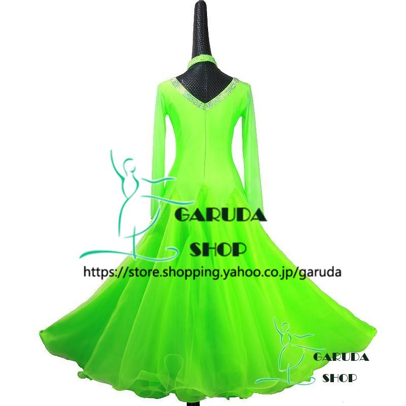 Garuda SHOP　レディース社交ダンスドレス　競技ドレス　新入荷新品　発表会用演出服パーティードレスワンピース　セミオーダー可　蛍光緑 品番2408_1
