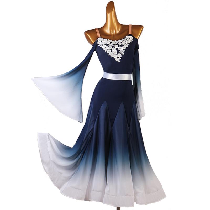 社交ダンスドレス 水色と黒 花柄 Garuda SHOP レディース社交ダンス衣装ダンスドレス サイズ調整可能