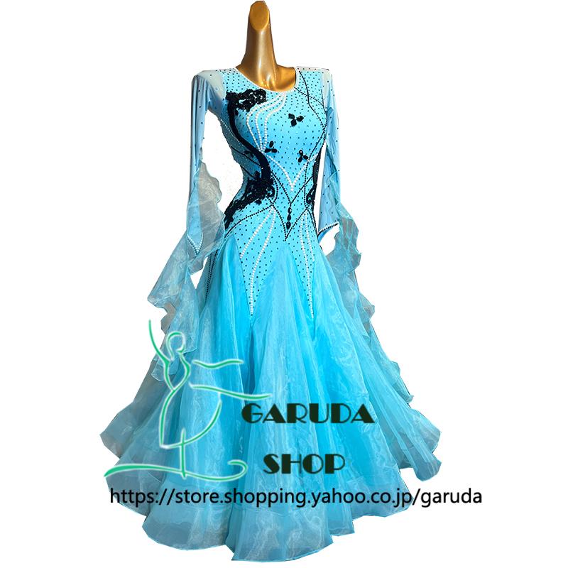 【美品 社交ダンス衣装】上下セット レッスンウェア パーティー EURO 水色 Garuda SHOP レディース社交ダンス衣装 競技ドレス ワルツドレス高級品