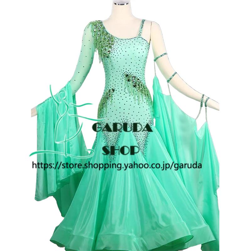 社交ダンス　オーダー製品　クリーム色にゴールドスパン★ロングドレスワンピース Garuda SHOP レディース社交ダンス衣装 競技ドレス ワルツドレス高級品