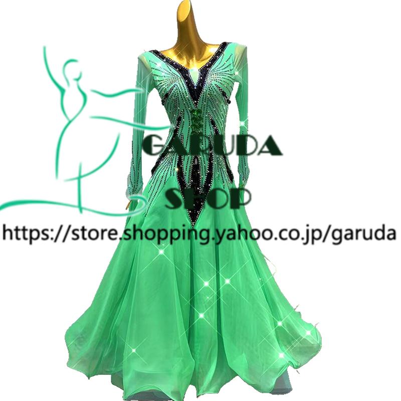社交ダンス　スタンダードドレス　競技会デモ用　gentil　M　イエローグリーン Garuda SHOP レディース社交ダンス衣装 競技ドレス モダンドレス