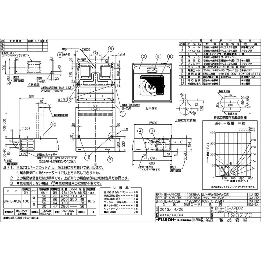 BFR-1E-AP602BK 富士工業 レンジフード 幅60cm ブラック AirPRO