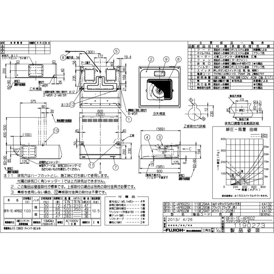 BFR-1E-AP602W 富士工業 レンジフード 幅60cm ホワイト AirPRO 