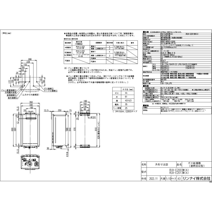 リンナイ RUX-E2013W エコジョーズ　給湯器　20号 給湯専用　20号 リンナイ RUX-E2013W(A) ガス給湯専用機 20号 エコジョーズ 音声