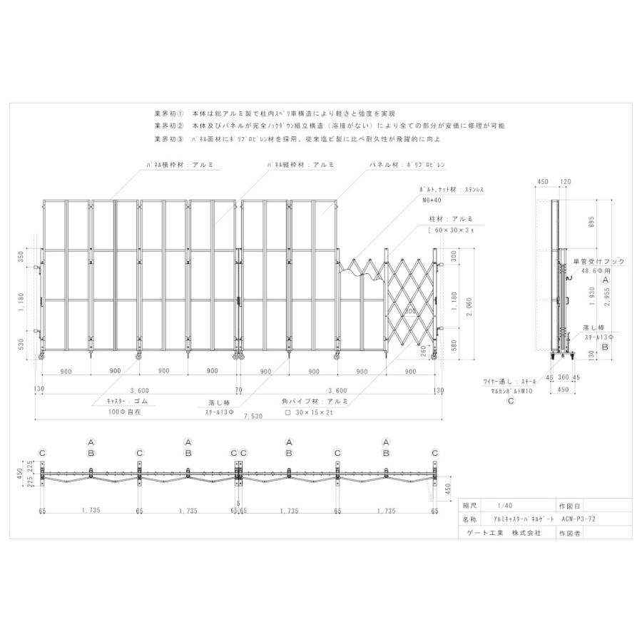 アルミゲート　パネル付き　伸縮門扉　両開き　高さ3.0m×幅7.2m　ACW-P3AN5-72