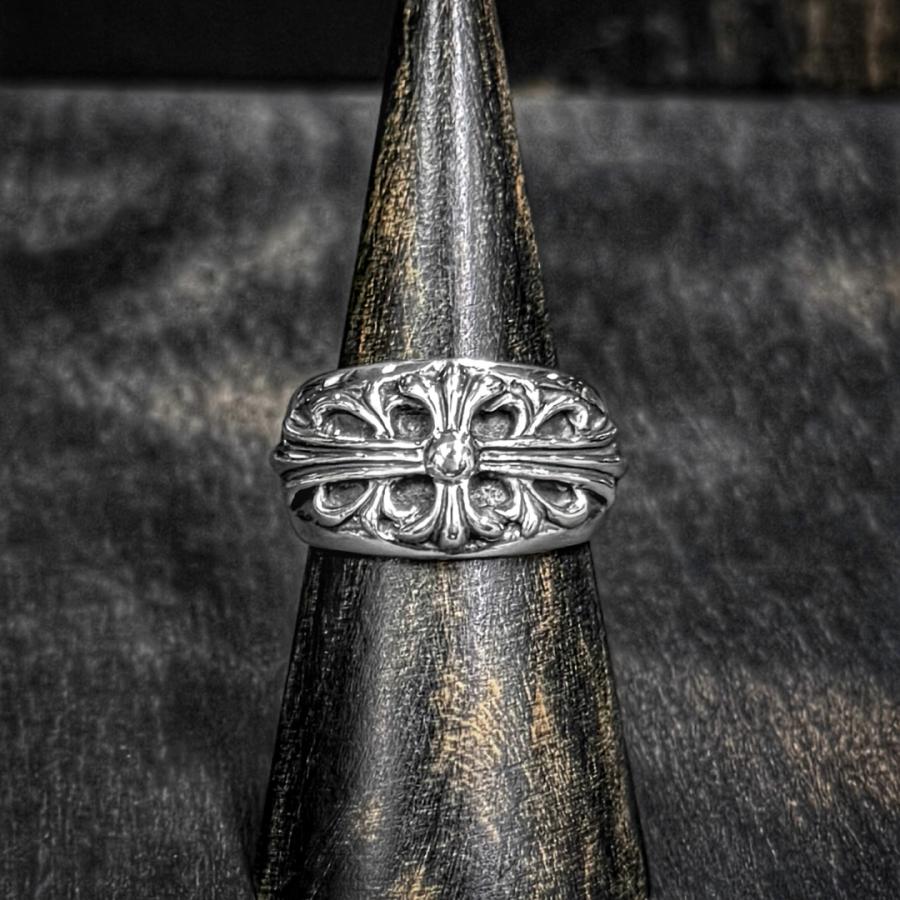 순정 가죽 파우치 첨부 CHROME HEARTS 크롬 하트 플로럴 크로스 링 실버 20호 US10 남성 반지 FLRL CRS 정품 정품 상태좋음