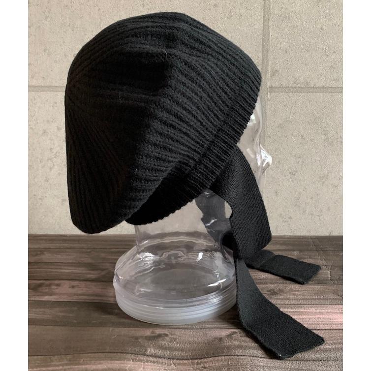 2色展開 帽子 ベレー帽 ロングリボン ウール ニット リボン付き リブ