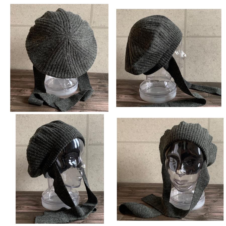 2色展開 帽子 ベレー帽 ロングリボン ウール ニット リボン付き リブ