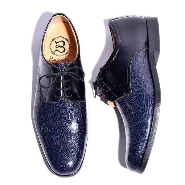 BajoLugo プレーントゥ レザー ペイズリー 型押し ネイビー