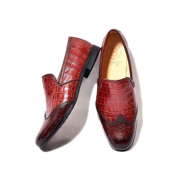 ウィングチップ スリッポン アンティークブラウン クロコ 型押し  